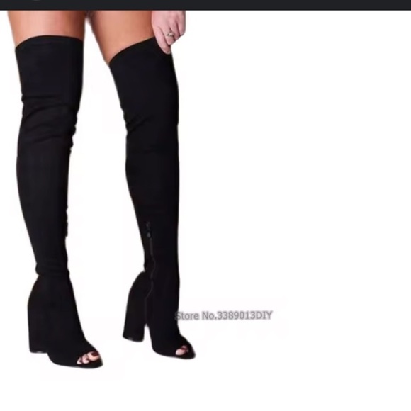 BLACK SUEDE OVER THE KNEE PEEP TOE BOOTS WITH CHUNKY HEEL SZ 7.5 - Picture 3 of 12